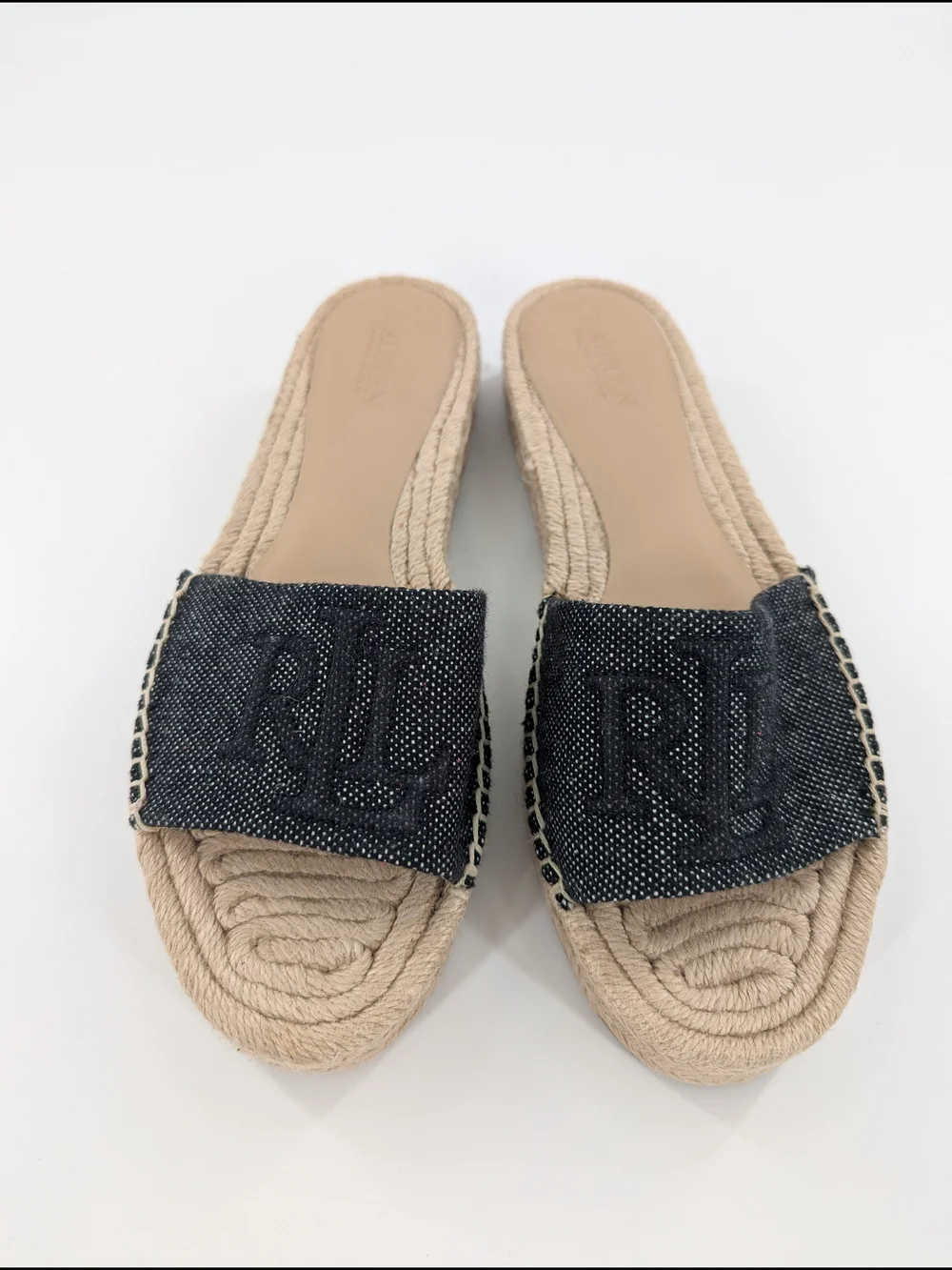Ralph Lauren Polly Denim Espadrille Slides Blue Monogram Jute Platform Sandals 7
